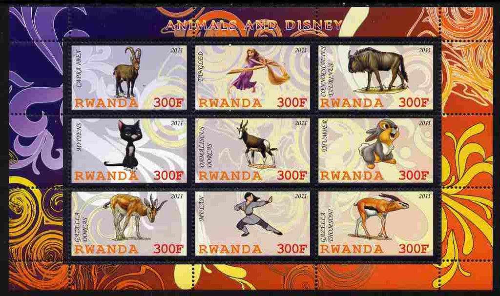 Rwanda 2011 Animals & Disney Characters #2 perf sheetlet containing 9 values unmounted mint