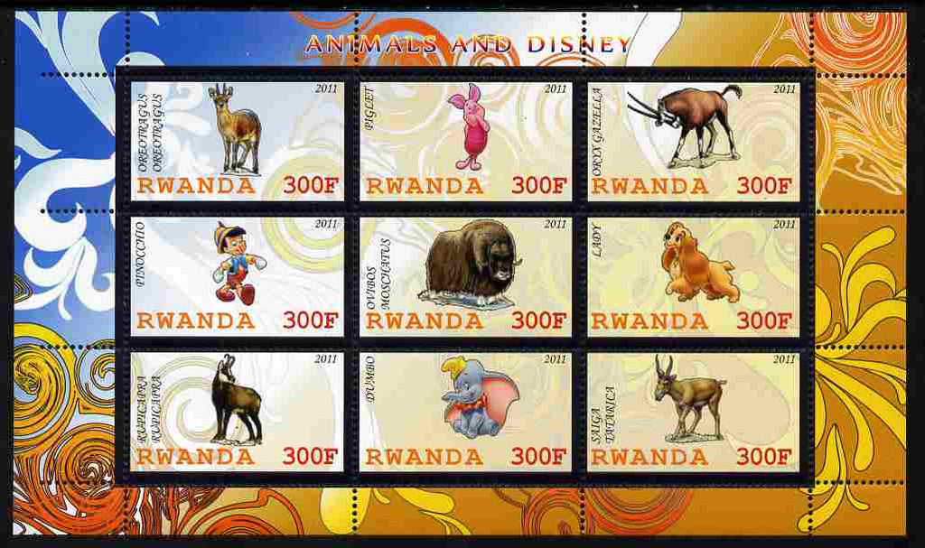 Rwanda 2011 Animals & Disney Characters #3 perf sheetlet containing 9 values unmounted mint