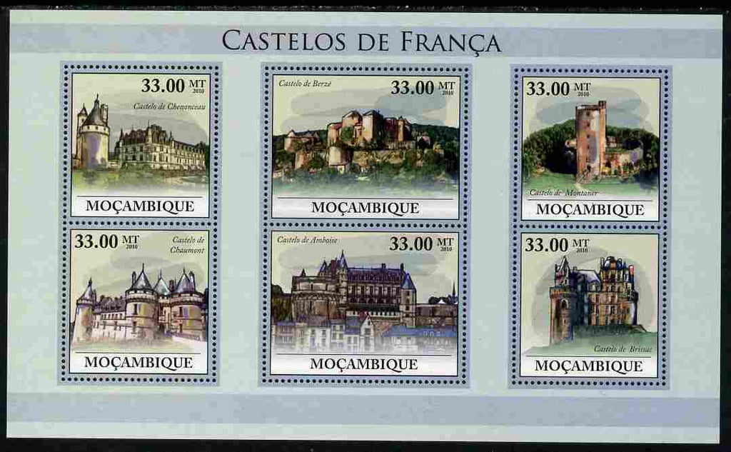 Mozambique 2010 Castles of France perf sheetlet containing 6 values unmounted mint, Yvert 3158-63