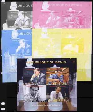 Benin 2011 Chess Champions sheetlet containing 4 values - the set of 5 imperf progressive proofs comprising the 4 individual colours plus all 4-colour composite, unmounted mint