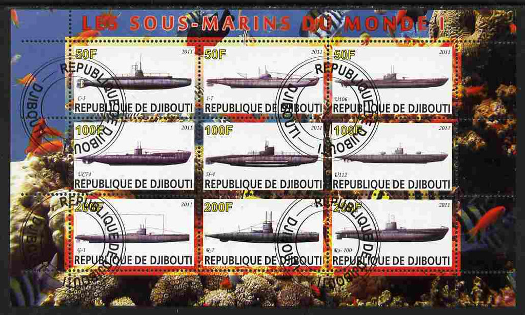 Djibouti 2011 Submarines #1 perf sheetlet containing 9 values fine cto used