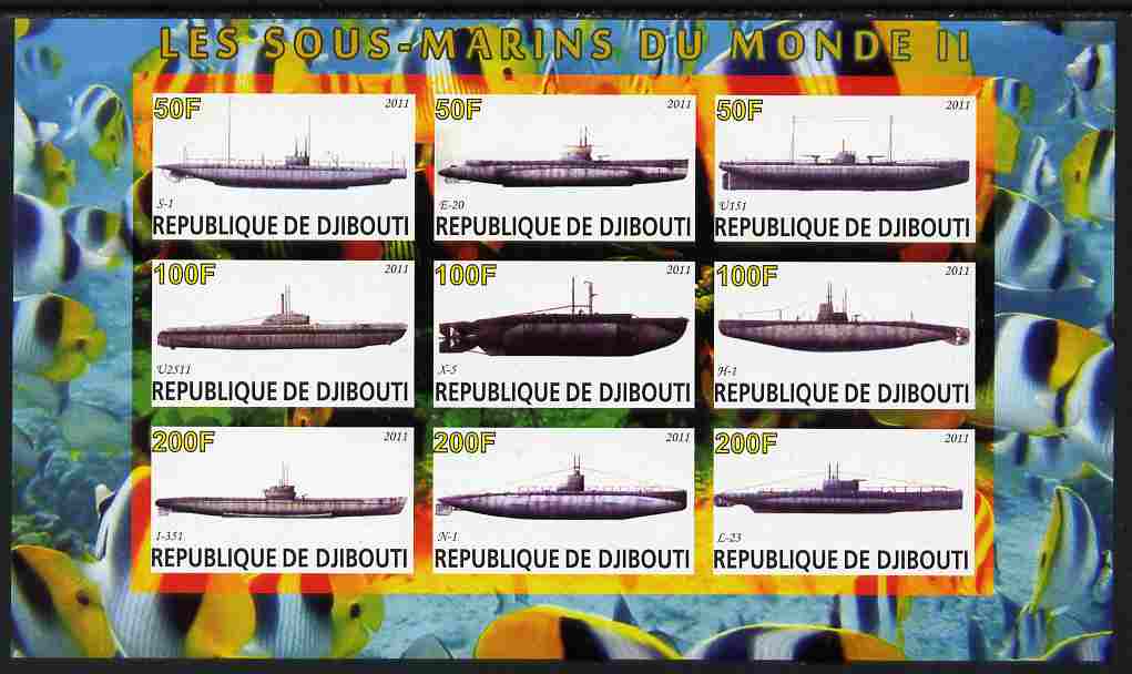 Djibouti 2011 Submarines #2 imperf sheetlet containing 9 values unmounted mint