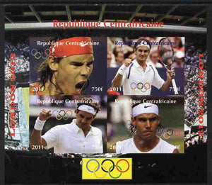 Central African Republic 2011 London Olympics - Tennis (Federer & Nadal) imperf sheetlet containing 4 values unmounted mint. Note this item is privately produced and is offered purely on its thematic appeal, it has no postal validity