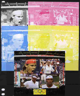 Central African Republic 2011 London Olympics - Tennis (Federer & Nadal) sheetlet containing 4 values - the set of 5 imperf progressive proofs comprising the 4 individual colours plus all 4-colour composite, unmounted mint