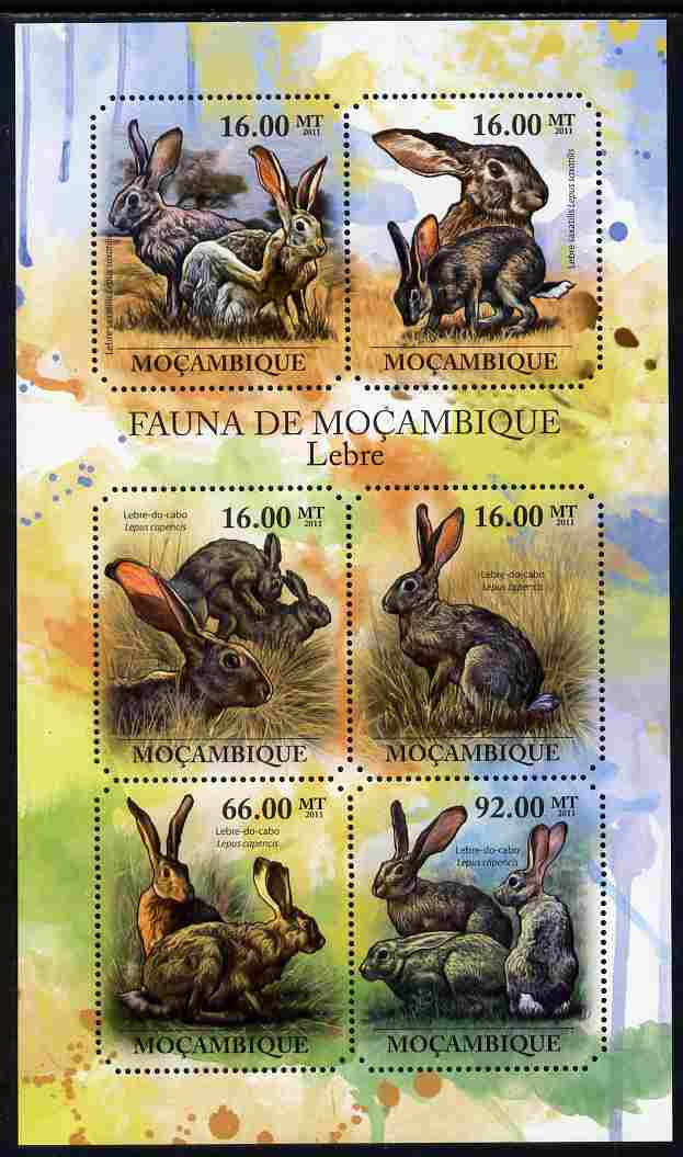 Mozambique 2011 Hares perf sheetlet containing 6 octagonal shaped values unmounted mint