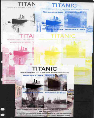 Benin 2011 Titanic #2 sheetlet containing 4 values - the set of 5 imperf progressive proofs comprising the 4 individual colours plus all 4-colour composite, unmounted mint