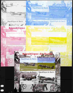 Benin 2011 Aircraft of WW2 (Churchill & Spitfires) sheetlet containing 4 values - the set of 5 imperf progressive proofs comprising the 4 individual colours plus all 4-colour composite, unmounted mint