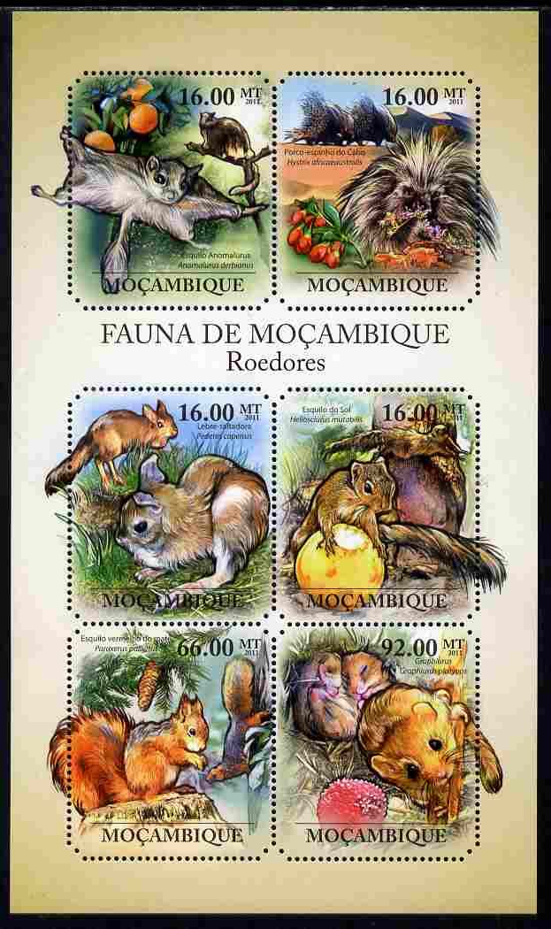 Mozambique 2011 Rodents perf sheetlet containing six octagonal shaped values unmounted mint