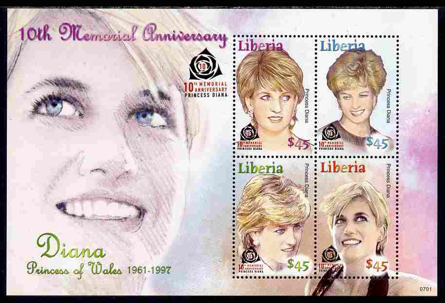 Liberia 2007 10th Death Anniv of Diana, Princess of Wales perf sheetlet of 4 unmounted mint