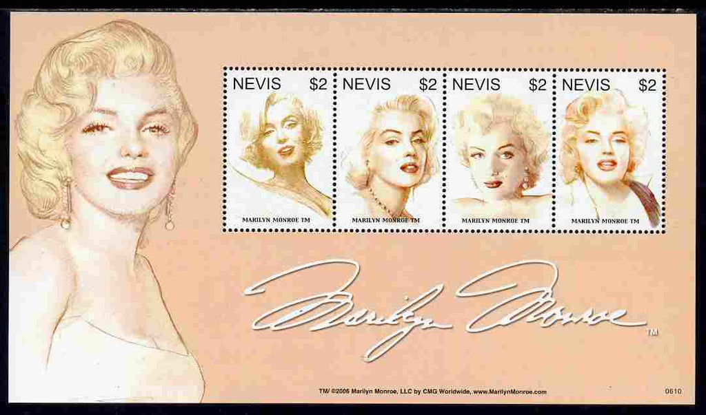 Nevis 2007 80th Birthday Anniv Marilyn Monroe perf sheetlet of 4 unmounted mint, SG 1991a