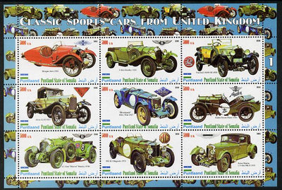 Puntland State of Somalia 2010 Classic Sports Cars of United Kingdom #2 perf sheetlet containing 9 values unmounted mint