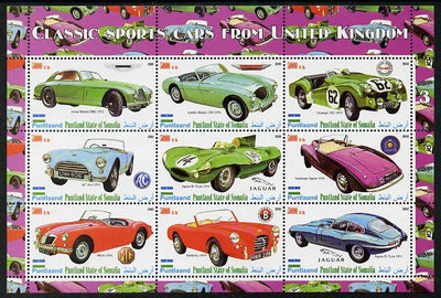 Puntland State of Somalia 2010 Classic Sports Cars of United Kingdom #3 perf sheetlet containing 9 values unmounted mint