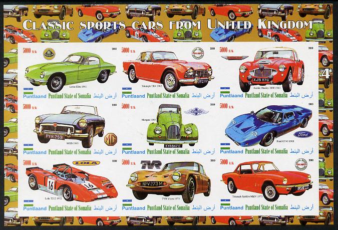 Puntland State of Somalia 2010 Classic Sports Cars of United Kingdom #4 imperf sheetlet containing 9 values unmounted mint