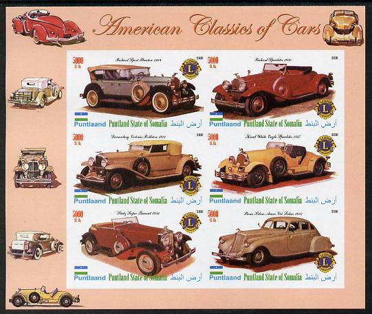 Puntland State of Somalia 2010 Classic Cars of America #1 imperf sheetlet containing 6 values with Lions Int Logo unmounted mint