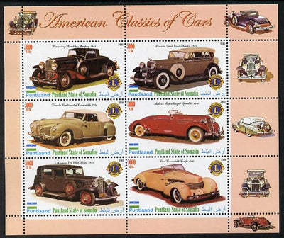 Puntland State of Somalia 2010 Classic Cars of America #2 perf sheetlet containing 6 values with Lions Int Logo unmounted mint