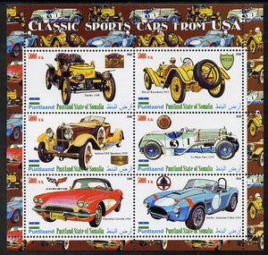 Puntland State of Somalia 2010 Classic Sports Cars of USA perf sheetlet containing 6 values unmounted mint