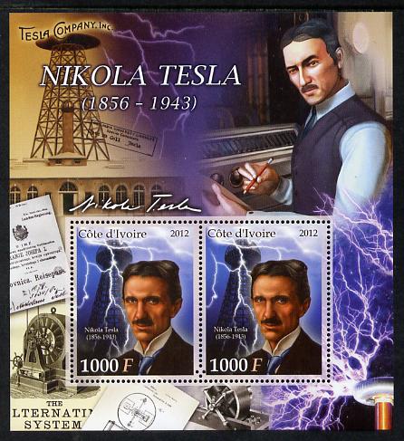 Ivory Coast 2012 Nikola Tesla perf sheetlet containing 2 values unmounted mint