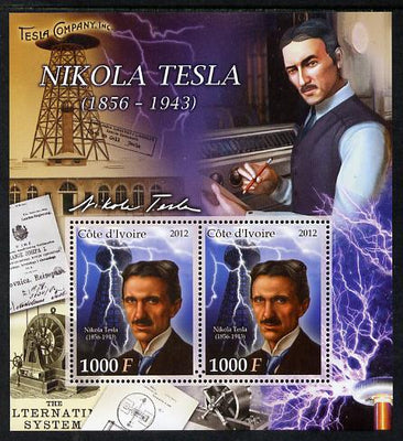 Ivory Coast 2012 Nikola Tesla perf sheetlet containing 2 values unmounted mint