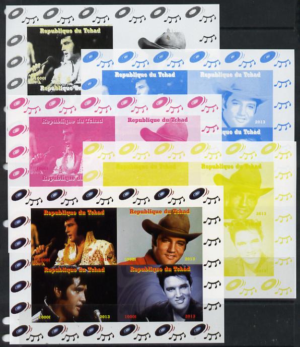 Chad 2013 Elvis Presley #1 sheetlet containing 4 vals - the set of 5 imperf progressive colour proofs comprising the 4 basic colours plus all 4-colour composite unmounted mint.