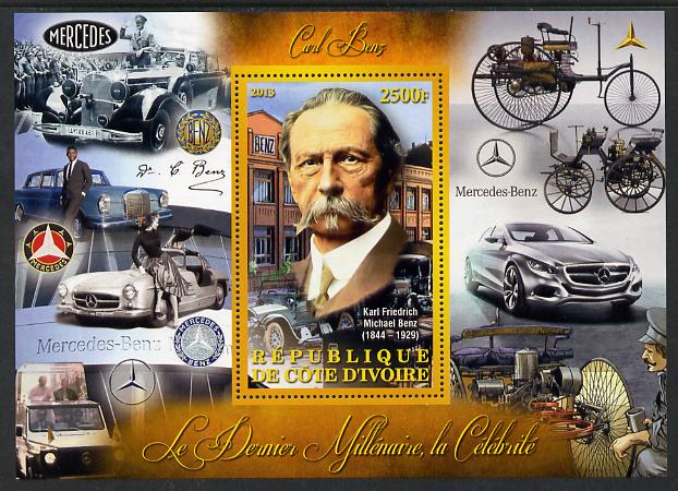 Ivory Coast 2013 Celebrities of the last Millennium - Karl Benz perf deluxe sheet containing one rectangular value unmounted mint