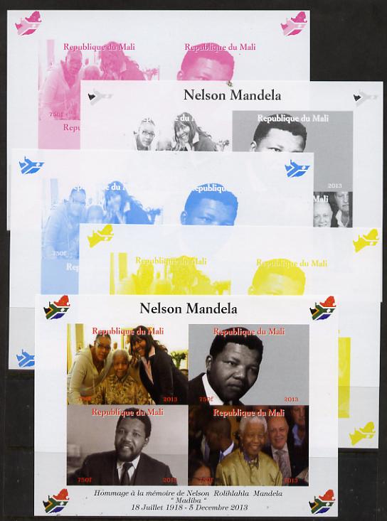 Mali 2013 Nelson Mandela #2 sheetlet containing four values - the set of 5 imperf progressive colour proofs comprising the 4 basic colours plus all 4-colour composite unmounted mint with Map shaped Flag of South Africa in border