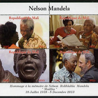 Mali 2013 Nelson Mandela #3 perf sheetlet containing four values unmounted mint. Note this item is privately produced and is offered purely on its thematic appeal with Map shaped Flag of South Africa in border