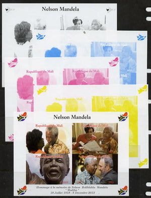 Mali 2013 Nelson Mandela #3 sheetlet containing four values - the set of 5 imperf progressive colour proofs comprising the 4 basic colours plus all 4-colour composite unmounted mint with Map shaped Flag of South Africa in border