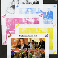 Chad 2013 Nelson Mandela #2 sheetlet containing four values - the set of 5 imperf progressive colour proofs comprising the 4 basic colours plus all 4-colour composite unmounted mint. with Map shaped Flag of South Africa in border