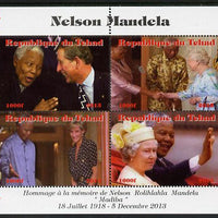 Chad 2013 Nelson Mandela #3 perf sheetlet containing four values unmounted mint. Note this item is privately produced and is offered purely on its thematic appeal. with Map shaped Flag of South Africa in border