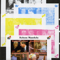 Chad 2013 Nelson Mandela #3 sheetlet containing four values - the set of 5 imperf progressive colour proofs comprising the 4 basic colours plus all 4-colour composite unmounted mint. with Map shaped Flag of South Africa in border