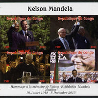 Congo 2013 Nelson Mandela #2 imperf sheetlet containing four values unmounted mint. Note this item is privately produced and is offered purely on its thematic appeal with Map shaped Flag of South Africa in border