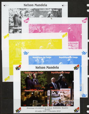 Congo 2013 Nelson Mandela #2 sheetlet containing four values - the set of 5 imperf progressive colour proofs comprising the 4 basic colours plus all 4-colour composite unmounted mint with Map shaped Flag of South Africa in border