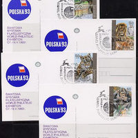 Israel 1992 Zoo Animals set of 4 each with tabs on individual Polska 93 Stamp Exhibition postcard with special cancel