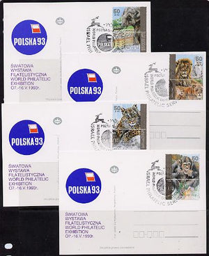 Israel 1992 Zoo Animals set of 4 each with tabs on individual Polska 93 Stamp Exhibition postcard with special cancel