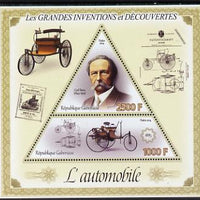 Gabon 2014 Great Inventions & Discoveries - Cars perf sheetlet containing two values (triangular & trapezoidal shaped) unmounted mint