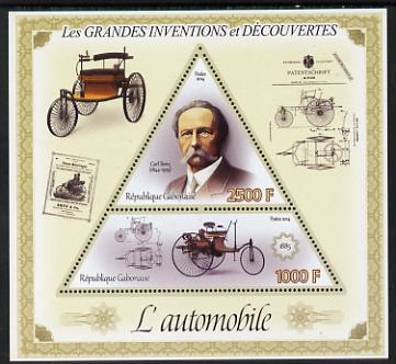 Gabon 2014 Great Inventions & Discoveries - Cars perf sheetlet containing two values (triangular & trapezoidal shaped) unmounted mint