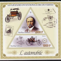 Gabon 2014 Great Inventions & Discoveries - Cars imperf sheetlet containing two values (triangular & trapezoidal shaped) unmounted mint