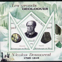 Mali 2014 Famous Gelogists & Minerals - Nicolas Desmarest imperf sheetlet containing one diamond shaped & two triangular values unmounted mint