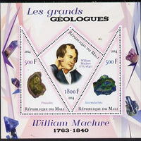 Mali 2014 Famous Gelogists & Minerals - William Maclure perf sheetlet containing one diamond shaped & two triangular values unmounted mint