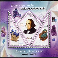 Mali 2014 Famous Gelogists & Minerals - Louis Agassiz perf sheetlet containing one diamond shaped & two triangular values unmounted mint