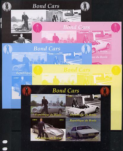 Benin 2014 Bond Cars sheetlet containing 4 values - the set of 5 imperf progressive proofs comprising the 4 individual colours plus all 4-colour composite, unmounted mint