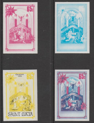 St Lucia 1984 Christmas 65p set of 4 progressive proofs comprising 2 individual colours and 2 two-colour composites (as SG 737) unmounted mint. NOTE - this item has been selected for a special offer with the price significantly reduced