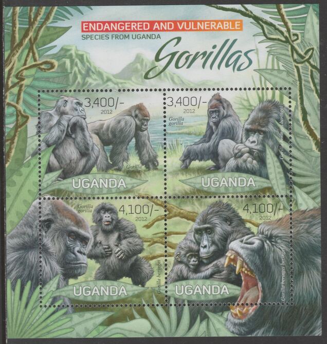 Uganda 2012 Endangered Species - Gorillas perf sheetlet containing 4 values unmounted mint.