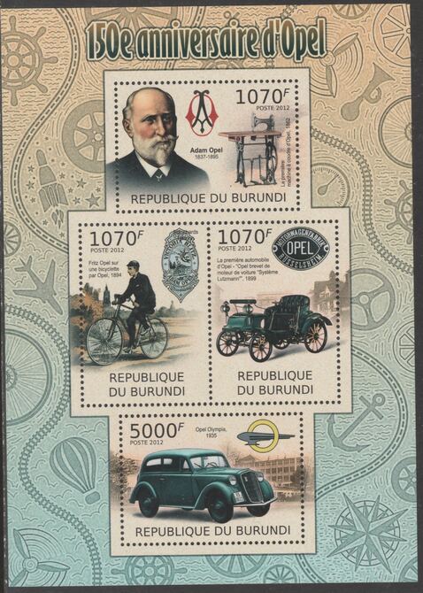 Burundi 2012 150th Anniv of Opel perf sheetlet containing 4 values unmounted mint.