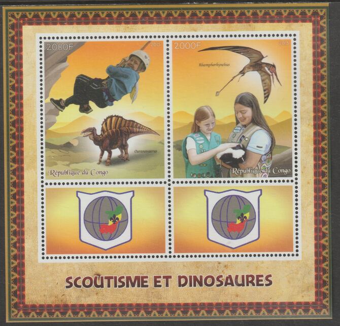 Congo 2015 Scouts & Dinosaurs perf sheetlet containing 2 values & 2 labels unmounted mint