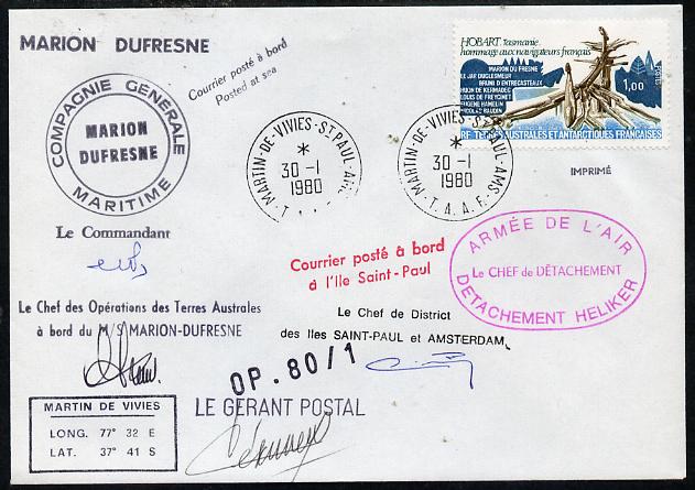 French Southern & Antarctic Territories 1980 cover bearing Navigators stamp (SG 127) with Martin de Vivies cancel, various cachets incl Posted at Sea, Compagnie Generale Maritime & Marion Dufresne and signed by 4 appropriate Officials