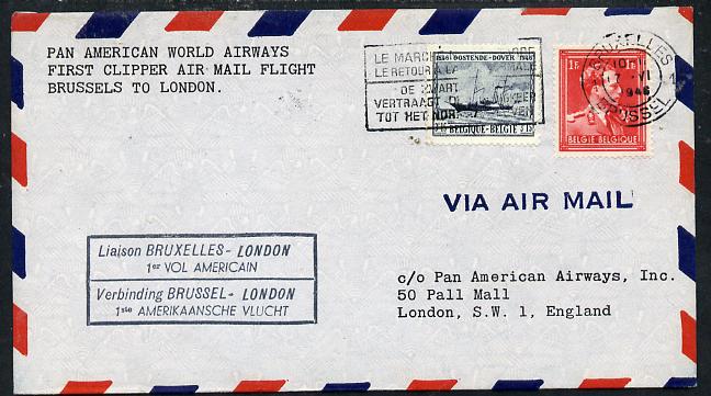 Belgium 1946 Pan American Airways First Clipper Air Mail Flight cover to England with special 'Brussels to London' Cachet and bearing Paddle Steamer stamp (SG 1176)