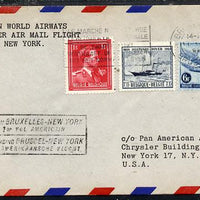 Belgium 1946 Pan American Airways First Clipper Air Mail Flight cover to USA with special 'Brussels to New York' Cachet and bearing Paddle Steamer & Air stamps (SG 1165 & 1176)