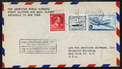 Belgium 1946 Pan American Airways First Clipper Air Mail Flight cover to USA with special 'Brussels to New York' Cachet and bearing Paddle Steamer & Air stamps (SG 1165 & 1176)