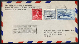 Belgium 1946 Pan American Airways First Clipper Air Mail Flight cover to USA with special 'Brussels to New York' Cachet and bearing Paddle Steamer & Air stamps (SG 1165 & 1176)